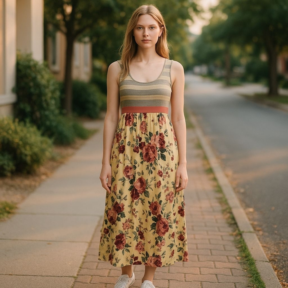 Eloges California Medium Gray Stripe Yellow Floral Print Maxi Dress Relaxed